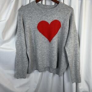 Vince Camuto Sweater Gray Red Heart Knit Oversized Pullover Soft Girl Medium